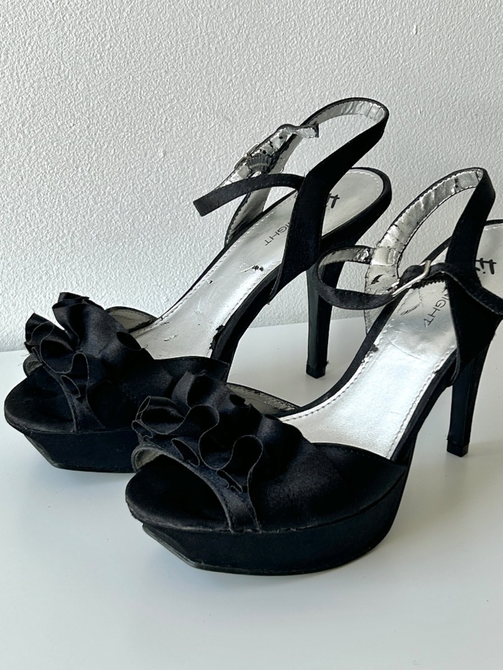 Satin heels by Fioni with ruffle detail
